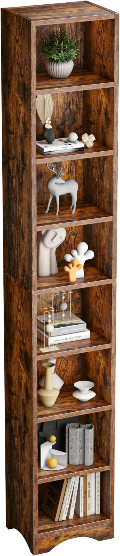 VECELO Tall Open Narrow Bookshelf, 6 Adjustable Movable Shelves, Wood Space Saving Corner Storage Rack for Small Spaces, Retro Brown