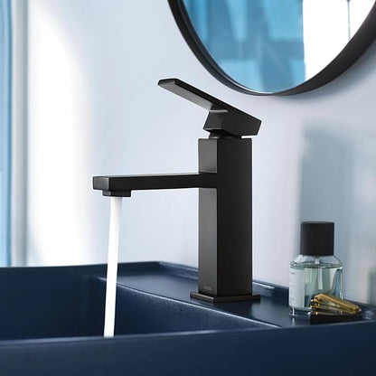 Moen Revyl Matte Black One-Handle Single Hole Modern Bathroom Sink Faucet with Optional Deckplate and Spring Loaded Drain Assembly, 84771BL
