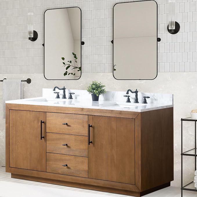 Vanity Art 72 inch Double Sink Bathroom Vanity, Modern Wood Bath Vanity with Carrara Marble Top, Vanity Cabinet with Doors, Removable Shelf, Solid Wood Frame, Tan, VA7072DE