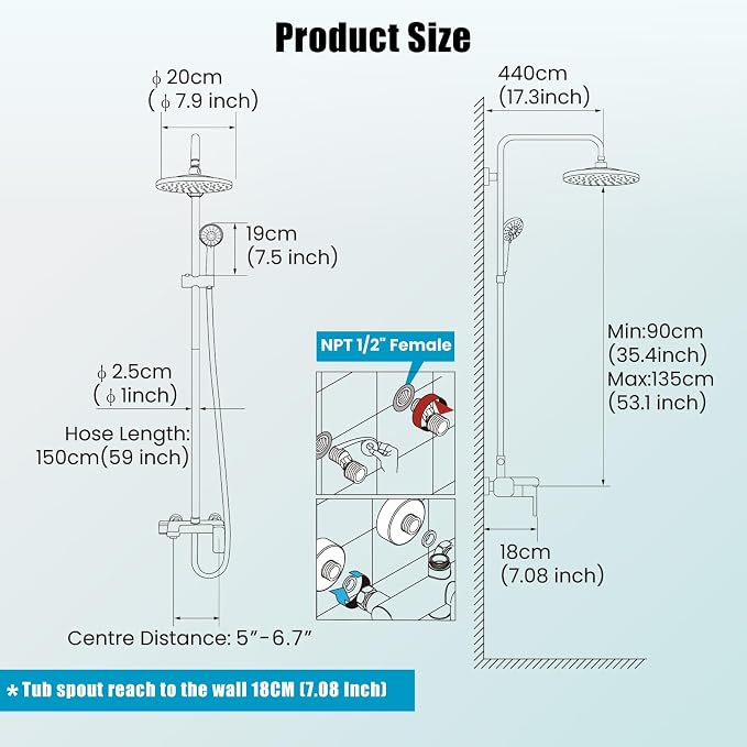 gotonovo Matte Black Exposed Shower Faucet Set with Tub Spout,Single Handle | 8” Rainfall Shower Head Kit System Fixtures,8 Mode Handheld Spray,3 Function,Adjustable Height,for 5-6.7" Hole,Outdoor/Indoor