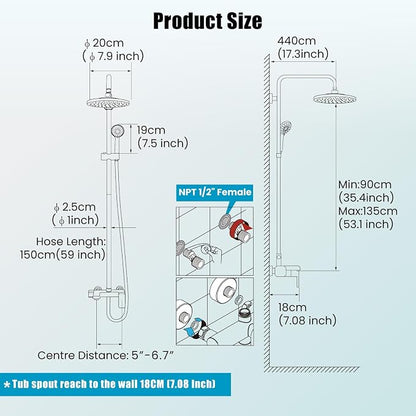 gotonovo Matte Black Exposed Shower Faucet Set with Tub Spout,Single Handle | 8” Rainfall Shower Head Kit System Fixtures,8 Mode Handheld Spray,3 Function,Adjustable Height,for 5-6.7" Hole,Outdoor/Indoor