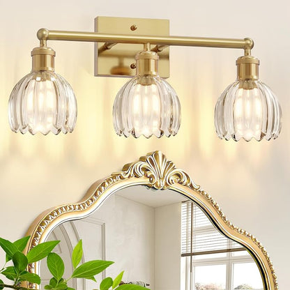 Antique Brass Bathroom Light Fixtures Over Mirror,3-Light Bathroom Vanity Lights Over Mirror,Brass Wall Lights with Clear Glass Tulip Light Shade for Bedroom,Living Room,Hallway,E26 Base