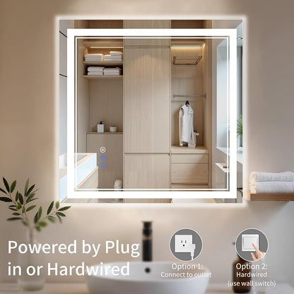 30"x30" LED Bathroom Mirror with Lights, Anti-Fog, Backlit + Front Lit, Dimmable, Led Vanity Mirror for Wall, Lighted Bathroom Mirror,3 Colors, Shatter-Proof Tempered Glass
