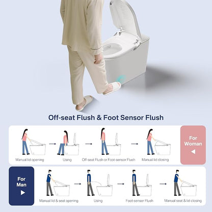One Piece Smart Bidet Toilet, Foot Sensor Flush, Heated Seat | Instant Warm Water, Wash & Dry, Self Cleaning Wand, Adjustable Wash Settings, Off Seat Auto Flush, Pre Wet, Night Light
