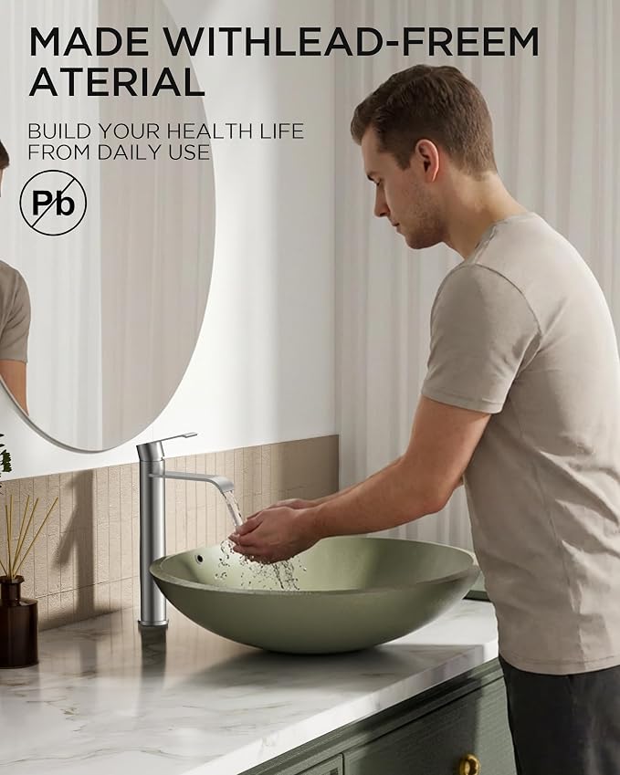 FORIOUS Waterfall Bathroom Vessel Sink Faucet Brushed Nickel Single Hole | Waterfall Brushed Nickel Tall Bathroom Faucet 1 Hole, Silver Bathroom Sink Faucet for Vessel Sink with Drain and Supply Line