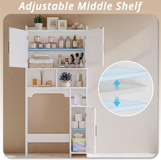 IRONCK 67 in Over The Toilet Storage Cabinet with Adjustable Shelves White | waterproof; side cabinet; toilet paper holder; anti-tip stable frame; bathroom laundry room; barn door farmhouse decor