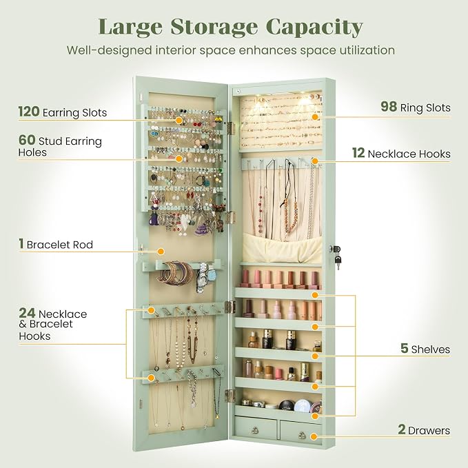 NAFORT 2 LEDs Mirror Jewelry Organizer, 47.5-Inch Borderless Full Length Mirror Jewelry Armoire, Lockable Wall Mounted Jewelry Cabinet, Jewelr Storage Box for Valentine’s Day Gift, Laurel Green