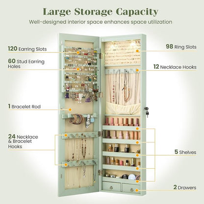NAFORT 2 LEDs Mirror Jewelry Organizer, 47.5-Inch Borderless Full Length Mirror Jewelry Armoire, Lockable Wall Mounted Jewelry Cabinet, Jewelr Storage Box for Valentine’s Day Gift, Laurel Green