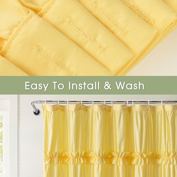 Farmhouse Ruffle Shower Curtain, Bright Yellow, 72 x 72 in | Decorative Elegant Bathroom Curtain with 12 Holes, Soft Ruched Microfiber Fabric, Vintage Handmade Design