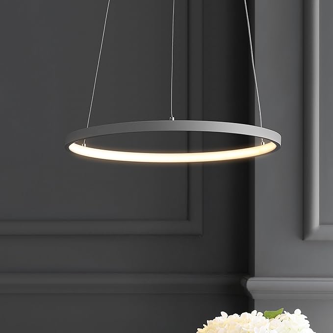 JONATHAN Y 15.75" Gray Modern Integrated LED Pendant Light, Dimmable Round Hoop Chandelier for Kitchen Island, Dining Room, Adjustable Height Metal Hanging Light (JYL7202E)