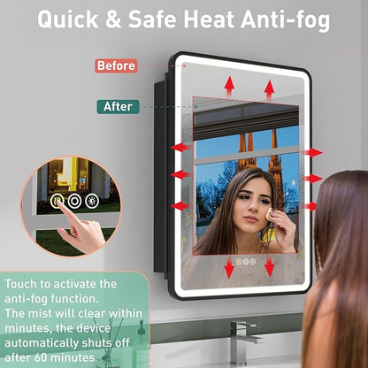 16x24 Inch Medicine Cabinet with Mirror, Recessed or Surface Mount Bathroom Medicine Cabinet with LED Lights, Anti-Fog, Memory Function, Adjustable Shelf, Dimmable Light, ETL Listed, Black,Right Hinge