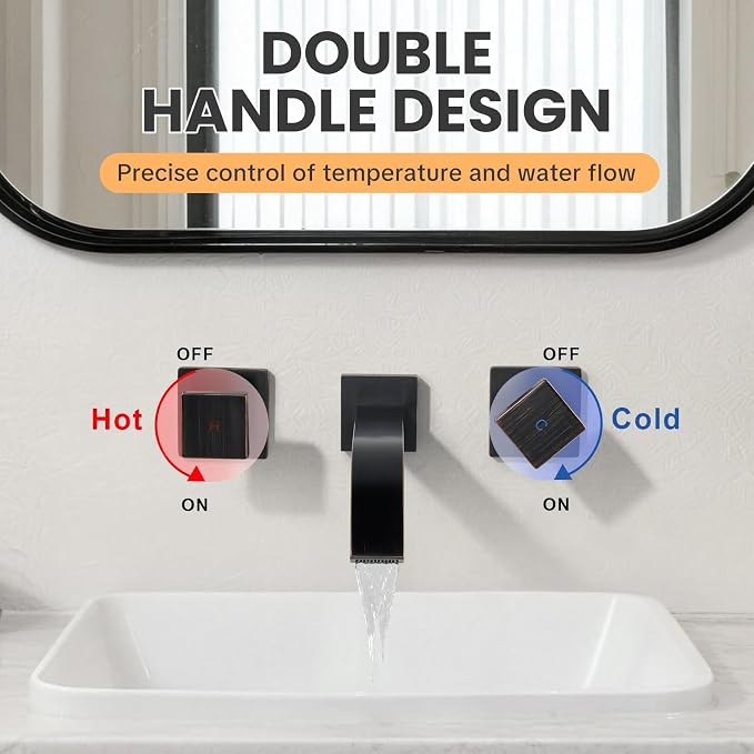 Wall Mount Bathroom Faucet 3 Hole Oil Rubbed Bronze Bathroom Faucet | Waterfall Bathroom Faucet with Two Handles, Brass Bathroom Sink Faucet with Rough-in Valve, Vessel Sink Faucet for Vanity