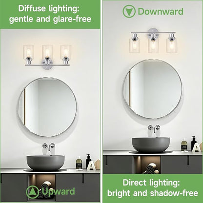3-Light Bathroom Light Fixtures, Modern Chrome Vanity Lights for Bathroom with Clear Glass Shade, Wall Lamps for Mirror Hallway Kitchen Cabinet Living Room Sconces Lights