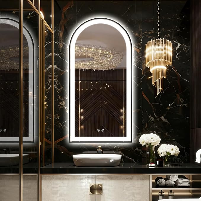 Arched LED Bathroom Mirror, 48"x24" Arch Backlit Vanity Mirror with Lights, Frontlit, Dimmable, 3 Colors, Memory Function, Anti-Fog Smart Mirror, Black Frame, Shatterproof, UL Listed