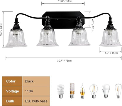 Bathroom Vanity Black Vintage Light Fixture, 4 Lights Bathroom Lighting Matte Antique Brass Finish with Crystal Glass Shade, Black Vintage Vanity Light for Bathroom‘s