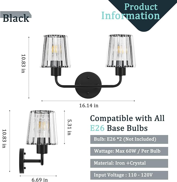 Black Vanity Lights, 2-Light Crystal Bathroom Light Fixtures | Modern Bathroom Vanity Light E26 Wall Light over Mirror (Exclude Bulb)