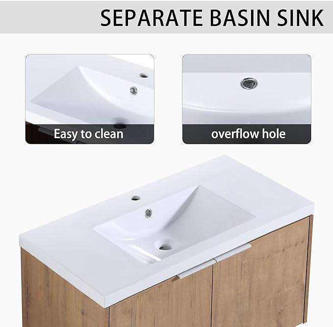 Henf 84" Floating Double Sink Bathroom Vanity Brown Wall Mount Bathroom Vanity Cabinet with Sink Combo, 84-Inch Bathroom Vanities Set with Open Storage Shelf & Side Cabinet & 2 36in Bathroom Vanities
