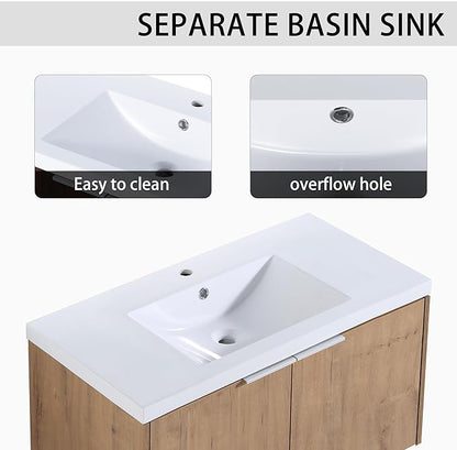 Henf 84" Floating Double Sink Bathroom Vanity Brown Wall Mount Bathroom Vanity Cabinet with Sink Combo, 84-Inch Bathroom Vanities Set with Open Storage Shelf & Side Cabinet & 2 36in Bathroom Vanities