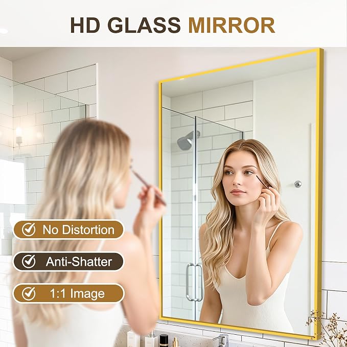 Rectangular Bathroom Mirror, 36"x24" Gold Metal Framed Vanity Mirror | HD Shatterproof Wall Mirror, Horizontal or Vertical Hanging, Easy Installation for Bathroom, Bedroom, Living Room, Entryway