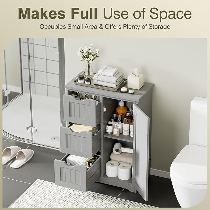 SUPER DEAL Bathroom Storage Cabinet with 3 Drawers and 1 Door, Entryway Home Decor Furniture Towels Storage Organizer Unit, Grey