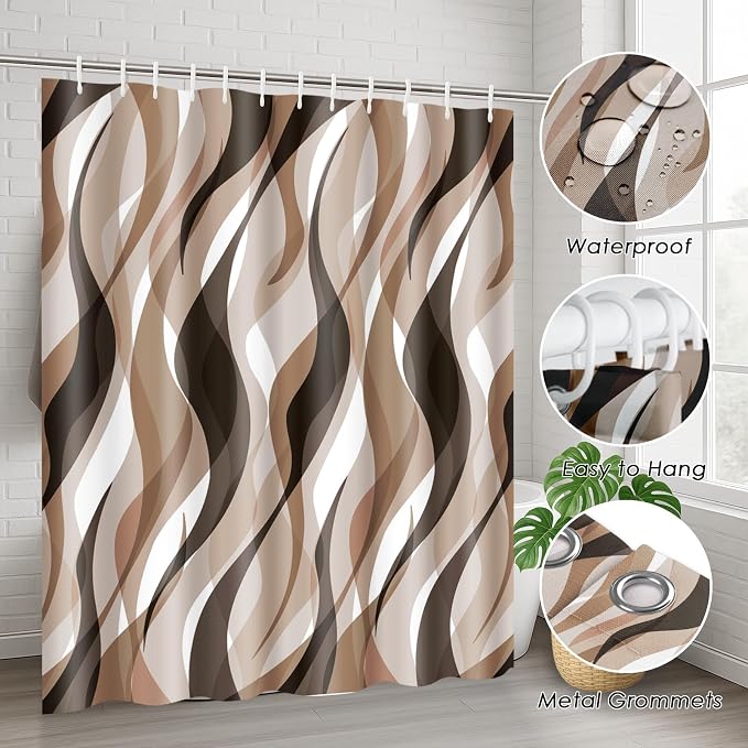 Bathroom Sets with Shower Curtain and Rugs, 4 Pcs, Geometric Ombre | Abstract Modern Lines Bathroom Decor Set with Toilet Lid Cover, Non-Slip Bath Mats and Accessories 12 Hooks