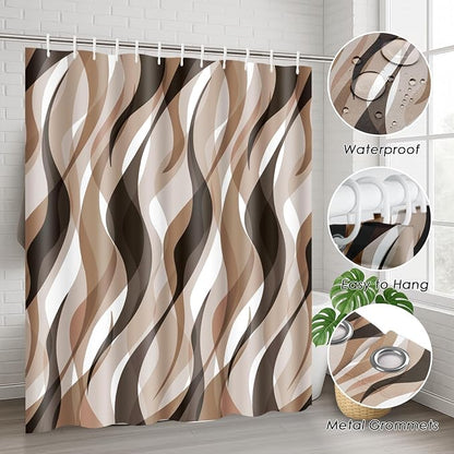 Bathroom Sets with Shower Curtain and Rugs, 4 Pcs, Geometric Ombre | Abstract Modern Lines Bathroom Decor Set with Toilet Lid Cover, Non-Slip Bath Mats and Accessories 12 Hooks