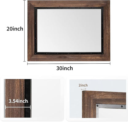 YOSHOOT Rustic Wooden Framed Wall Mirror, 30"x20", Natural Wood and Iron Bathroom Vanity Mirror for Farmhouse Decor, Vertical or Horizontal Hanging