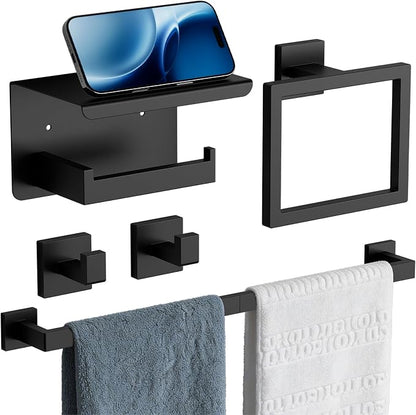 5-Piece Matte Black Bathroom Towel Bar Set,24" Bathroom Hardware Kit | Total 26 Inch Towel Racks for Bathroom Wall Mounted,SUS304 Stainless Steel Towel Bar for Bathroom, Kitchen, Laundry