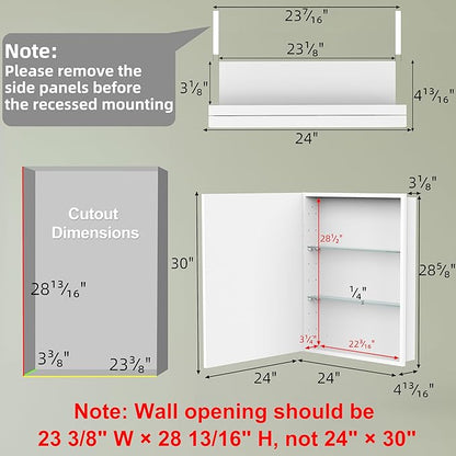 Buruis 24" x 30" Framed Medicine Cabinet with Mirror, Recessed or Wall Mounted Bathroom Cabinet, Adjustable Tempered Glass Shelves, Left/Right Open Reversible, No Assembly Required, White