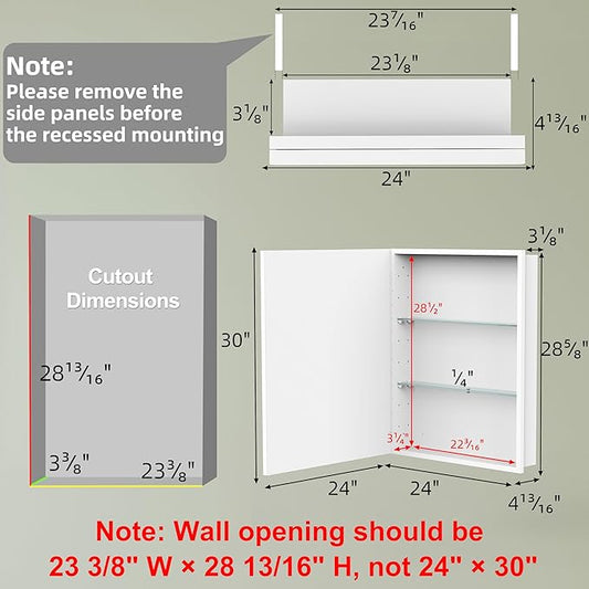 Buruis 24" x 30" Framed Medicine Cabinet with Mirror, Recessed or Wall Mounted Bathroom Cabinet, Adjustable Tempered Glass Shelves, Left/Right Open Reversible, No Assembly Required, White