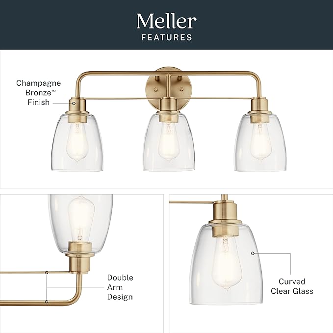 Kichler Meller 24.25 Inch 3 Light Vanity Light with Clear Glass Shades in Champagne Bronze for Bathroom or Powder Room, (24.25" W x 11.25" H x 7" D) 55102CPZ