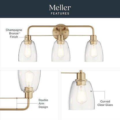 Kichler Meller 24.25 Inch 3 Light Vanity Light with Clear Glass Shades in Champagne Bronze for Bathroom or Powder Room, (24.25" W x 11.25" H x 7" D) 55102CPZ