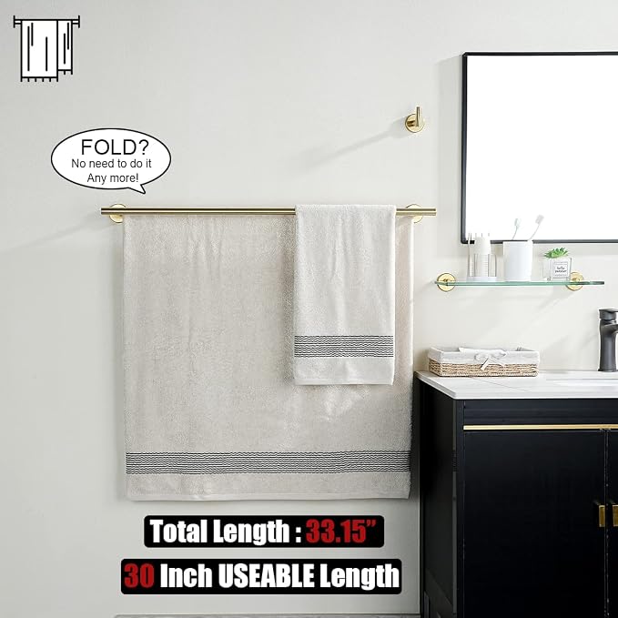 JQK Double Bath Towel Bar, Brushed Gold 33 Inch 304 Stainless Steel Thicken 0.8mm Towel Rack for Bathroom, Towel Holder Wall Mount, Useable Length 30 Inch 2 Pack, TB100L30-BG-P2
