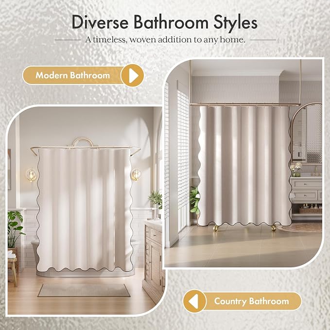 Bathway Modern Scalloped Shower Curtain, Linen Textured Beige Shower Curtain Set with 12 Metal Hooks, Neutral Cute Elegant Shower Curtain with Black Border for Bathroom, 72x72 Inches