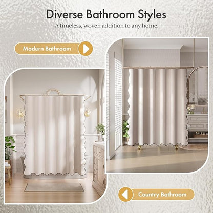 Bathway Modern Scalloped Shower Curtain, Linen Textured Beige Shower Curtain Set with 12 Metal Hooks, Neutral Cute Elegant Shower Curtain with Black Border for Bathroom, 72x72 Inches