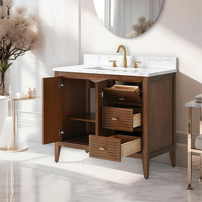 Vanity Art 36 inch Walnut Bathroom Vanity with Single Sink & Ceramic Top, Vanity Cabinet with Soft-Closing Door, Solid Wood Frame, Linear Pattern, Walnut, VA9136-Walnut-MB,Matte Black Handles