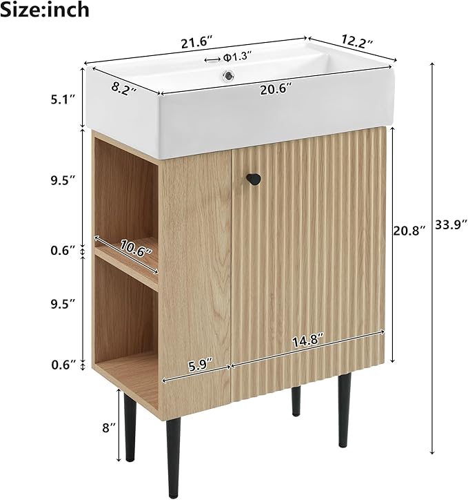 21.6 in Small Bathroom Vanity with Sink,Doors and Storage Shelves,Wood Modern Single Fluted Bathroom Sink Cabinet Freestanding (Natural Wood,Left Shelf)