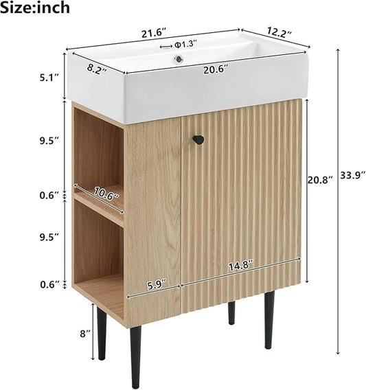 LUMISOL 21.6" Small Bathroom Vanity with Sink, Narrow Depth Bathroom Vanity with Soft-Close Door & Left Side Shelf, Wooden Freestanding Bathroom Sink Cabinet with Ceramic Sink, Natural