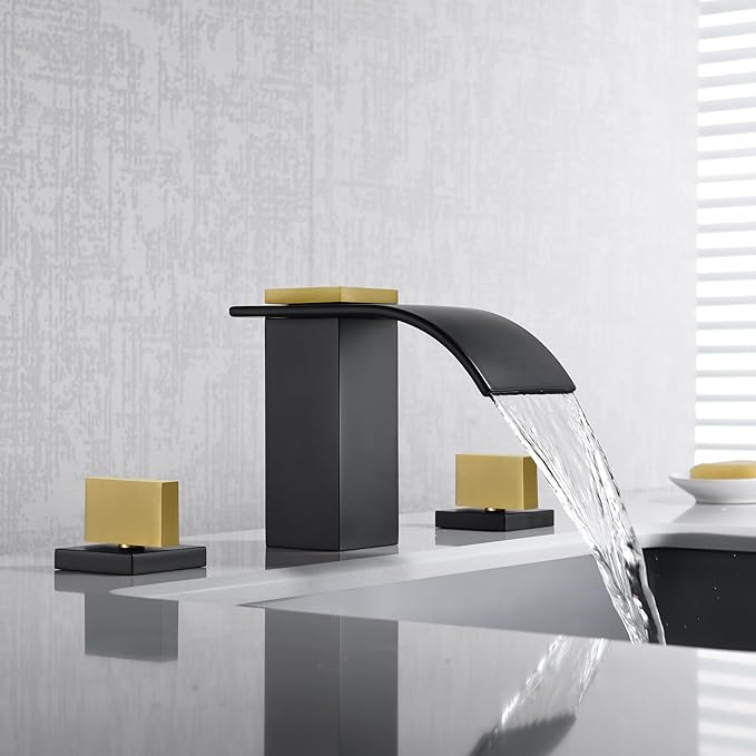SUMERAIN 8" Widespread Bathroom Faucet 3 Hole Waterfall Basin Faucet Black and Gold Finish