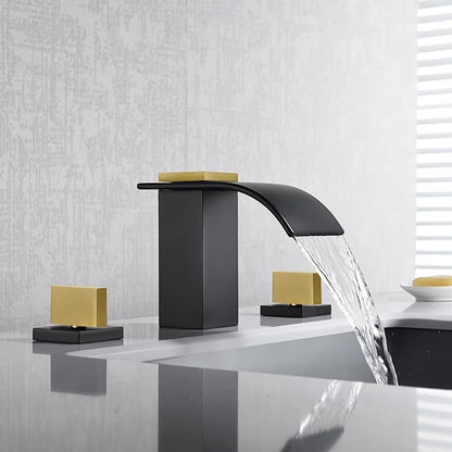 SUMERAIN 8" Widespread Bathroom Faucet 3 Hole Waterfall Basin Faucet Black and Gold Finish