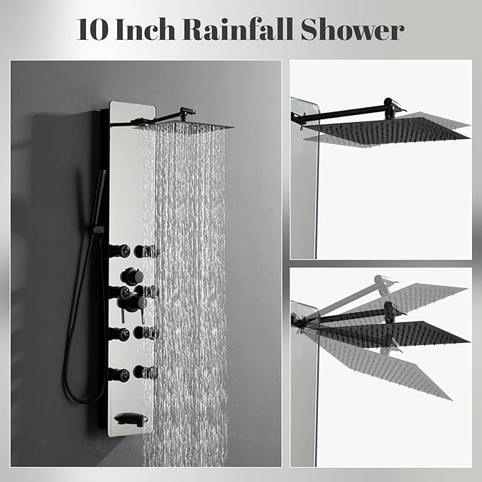 Shower Panel Tower System, 10" Adjustable Rainfall Shower, 8 Body Massage Jets, Glass Shower Panel, Wall Mounted
