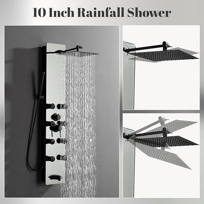 Shower Panel Tower System, 10" Adjustable Rainfall Shower, 8 Body Massage Jets, Glass Shower Panel, Wall Mounted