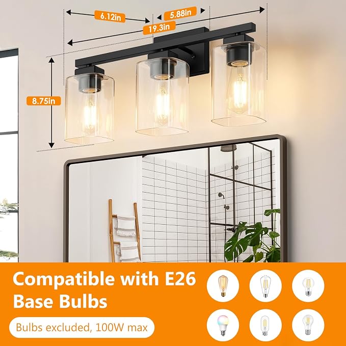 19” Bathroom Light Fixtures Over Mirror,3-Light Black Vanity Light | Square Clear Glass & Durable Metal, Quick & Easy Installation, Standard E26 Socket, Bright Bathroom Lighting