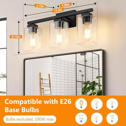 19” Bathroom Light Fixtures Over Mirror,3-Light Black Vanity Light | Square Clear Glass & Durable Metal, Quick & Easy Installation, Standard E26 Socket, Bright Bathroom Lighting