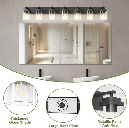 Black Bathroom Light Fixtures, 7 Lights Bathroom Lighting Fixtures Over Mirror, Square Design & Rectangle Large Backplate, Modern Vanity Lighting Fixtures, for Bathroom/Living Room/Bedroom