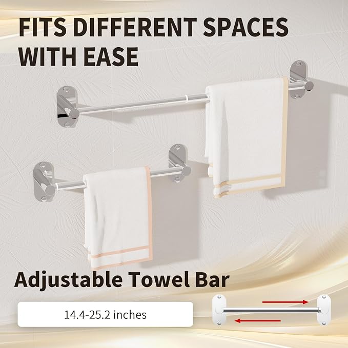 5-Piece Bathroom Hardware Set, Adhesive or Drill Wall Mount, Chrome | Adjustable Towel Bar, Toilet Paper Holder, Towel Ring, 2 Towel Hook, 304 Stainless Steel Bathroom Accessories Set