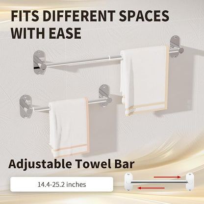 5-Piece Bathroom Hardware Set, Adhesive or Drill Wall Mount, Chrome | Adjustable Towel Bar, Toilet Paper Holder, Towel Ring, 2 Towel Hook, 304 Stainless Steel Bathroom Accessories Set