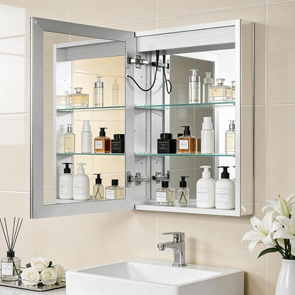 WallBeyond 20 x 28 LED Bathroom Medicine Cabinet, Square Lighted Mirror Cabinet with 3-Color Dimmable Lighting, Memory Function & Anti-Fog, Recessed or Surface Mount Installation