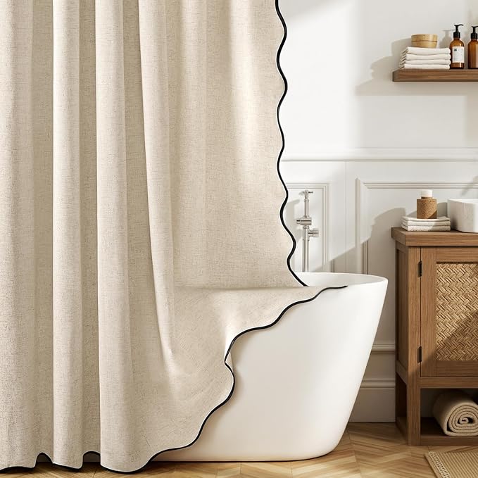 MIULEE 84" Long Beige Scalloped Linen Shower Curtain 72W x 84L | 12 metal hooks, Linen scalloped, waterproof washable, thick heavy cloth, black border, boho farmhouse, bathroom hotel use
