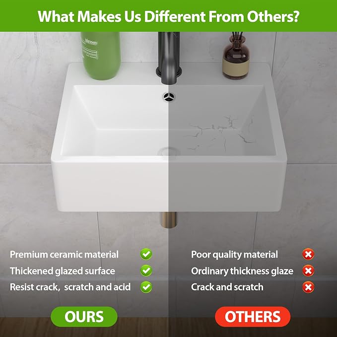 Wall Mount Bathroom Sink 21x16 Inch Rectangle Bathroom Sink | Floating Vessel Sink Rectangle Bathroom Sink Above Counter White Ceramic Basin White Rectangle Porcelain Vessel Sink